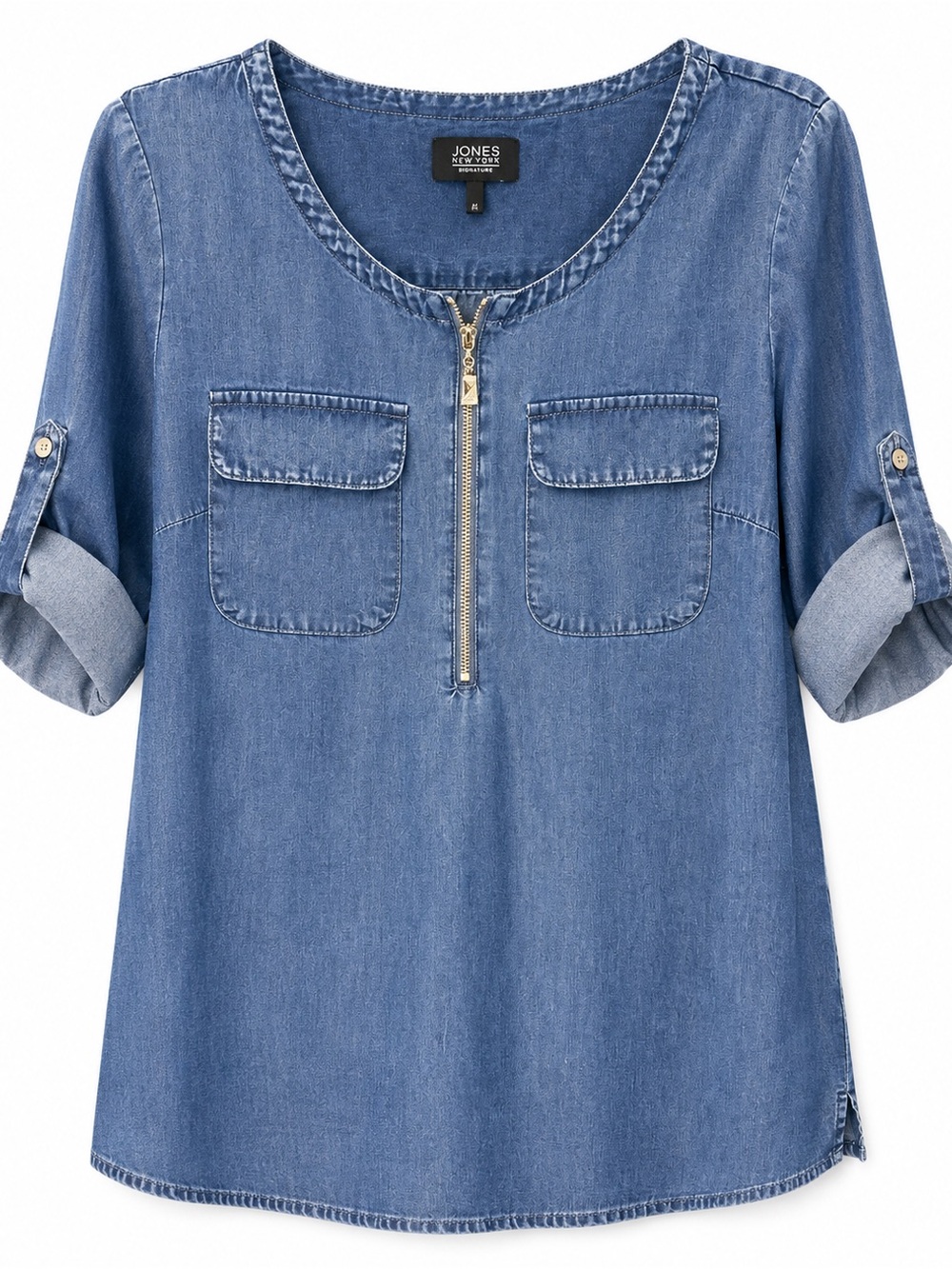 Jones New York Girls' Light Blue Denim Zip-Front Blouse
